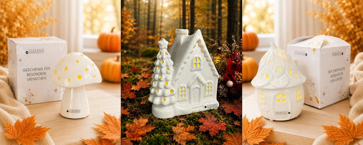 Herbstliche TIZIANO Dekofiguren – Pilzhaus, Waldhaus und Blätterhaus als Inspiration für den Eingangsbereich