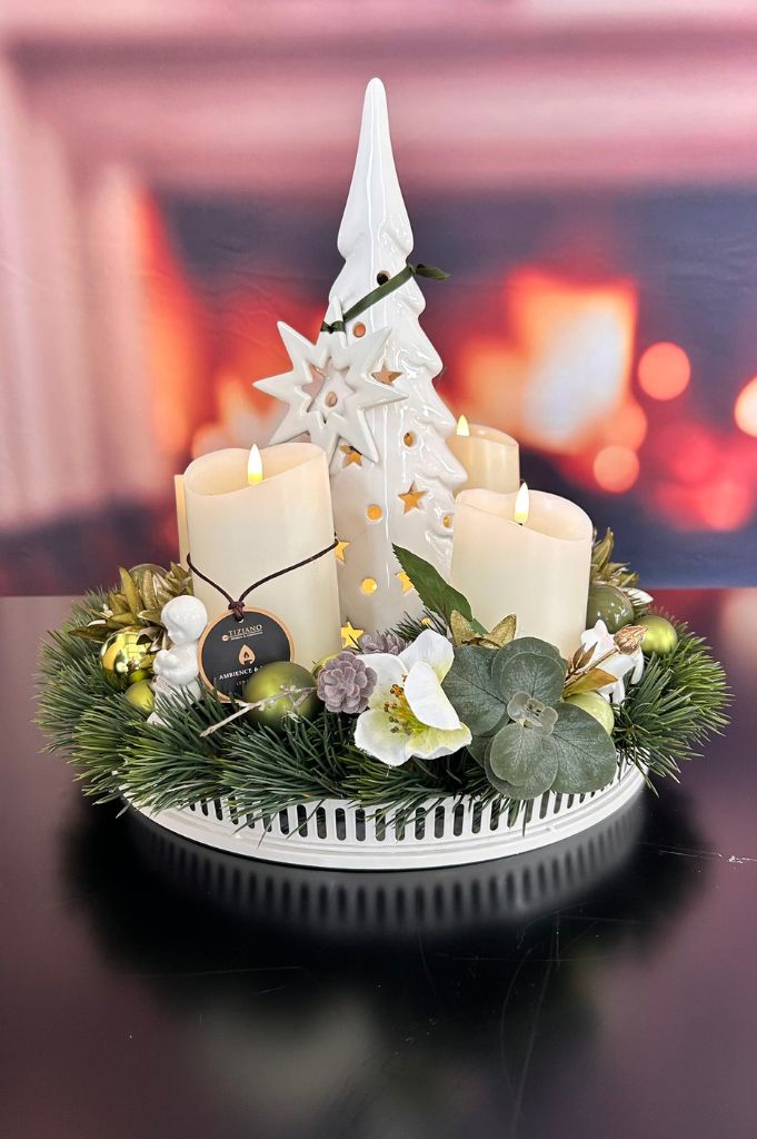 Adventskranz mit Metallschale Canneto+Baum LED Trissino