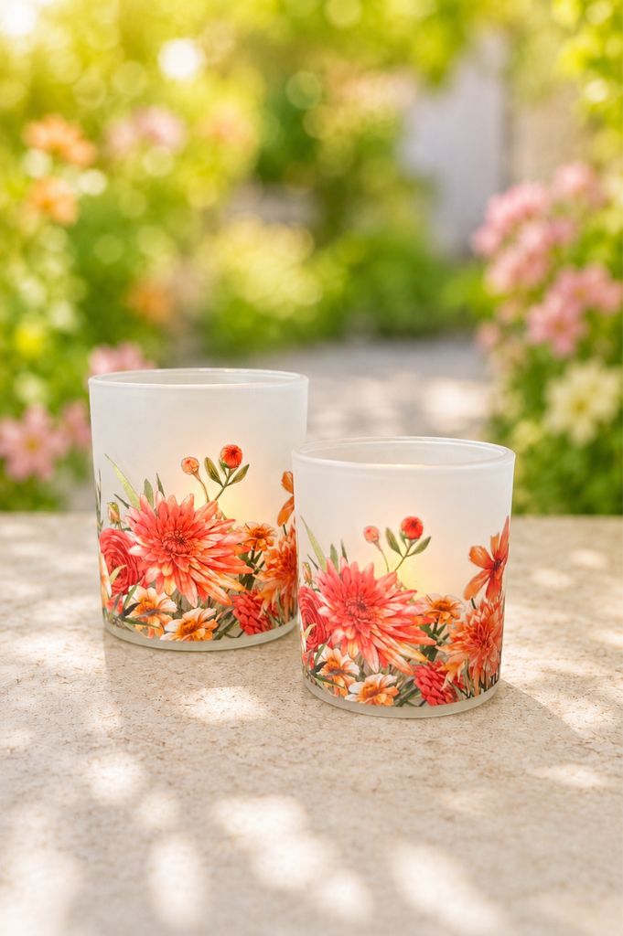 2er Set Windlicht Sommerblumen 8+10 cm