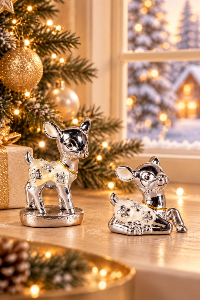 2er Set Deko Reh pearl creme-silber