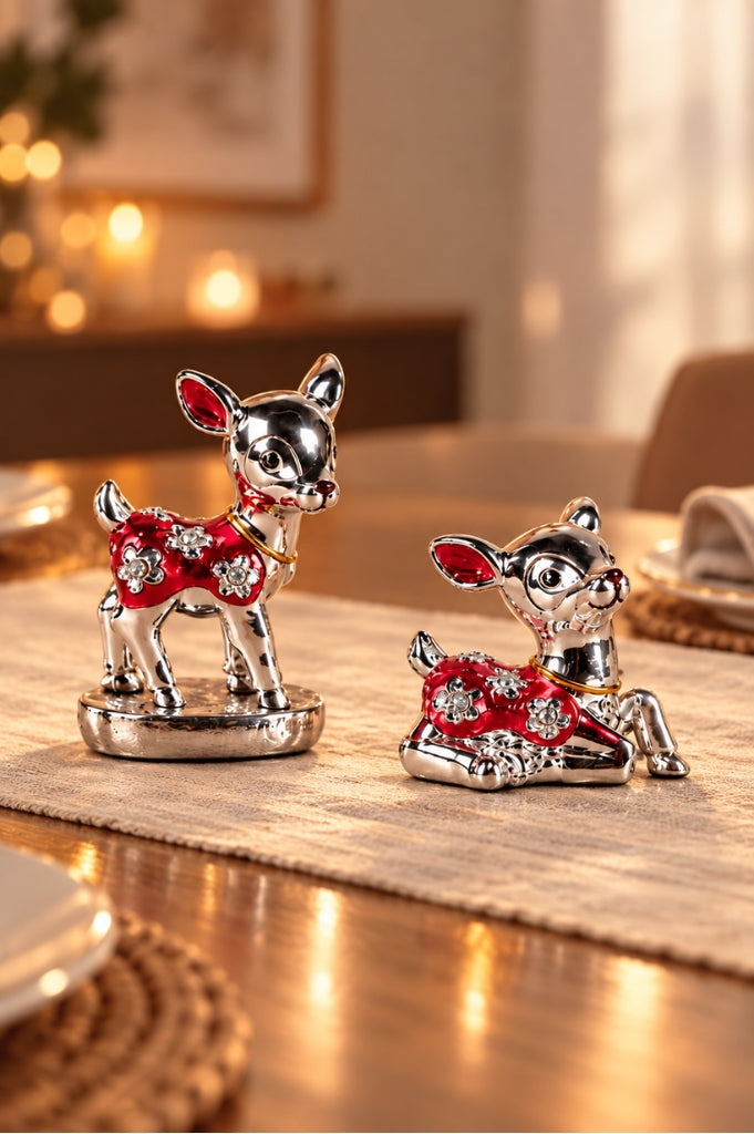 2er Set Deko Reh stehend+liegend pearl rot-silber