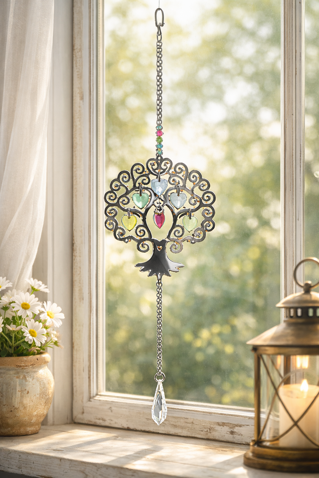 Deko Hänger Baum silber mit bunten Herzen