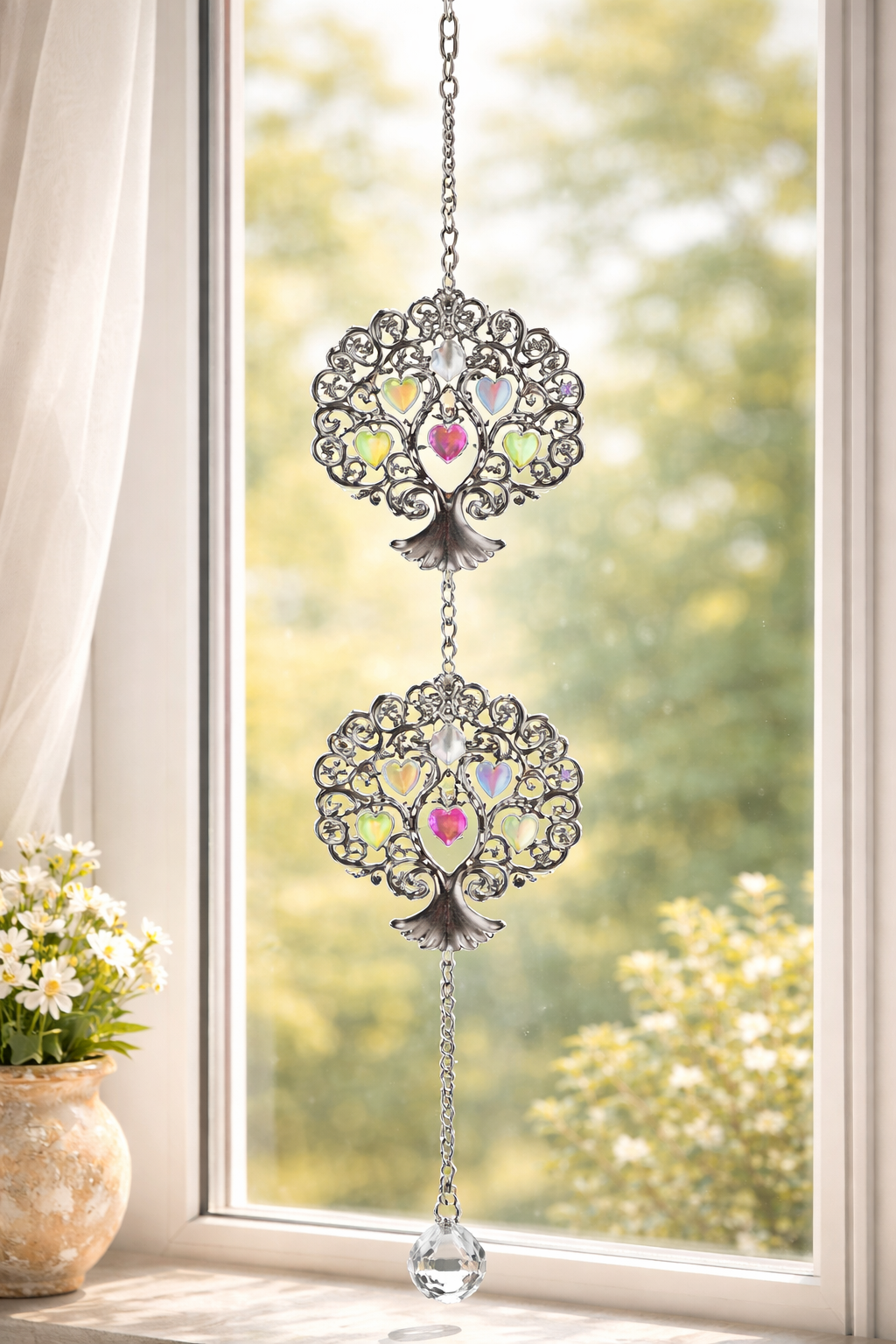 Deko Hänger Baum silber mit bunten Herzen
