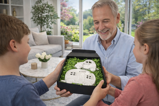 Geschenkbox S Deko Auto Milo+Wohnwagen Casina creme-weiß