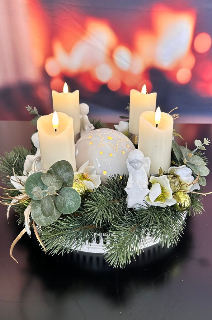 Adventskranz mit Metallschale Canneto+Kerze Sotto LED+Nora