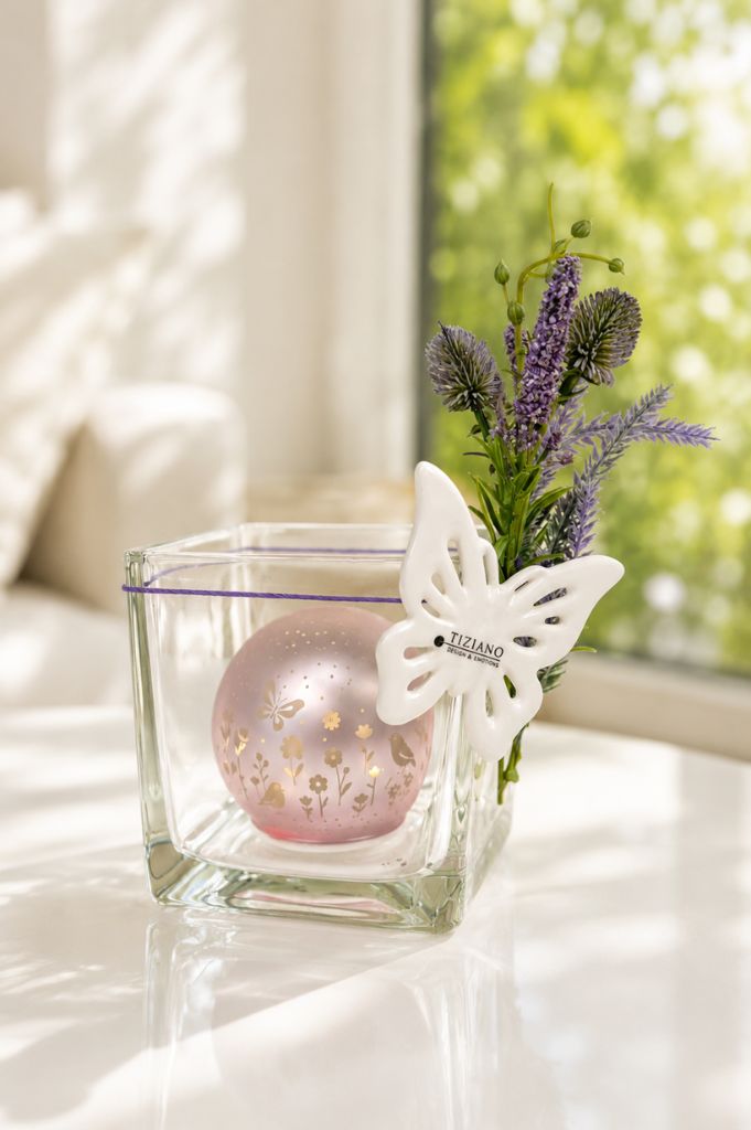 Dekoset Glas Alone mit Lichtkugel Polline rosa + Marilin