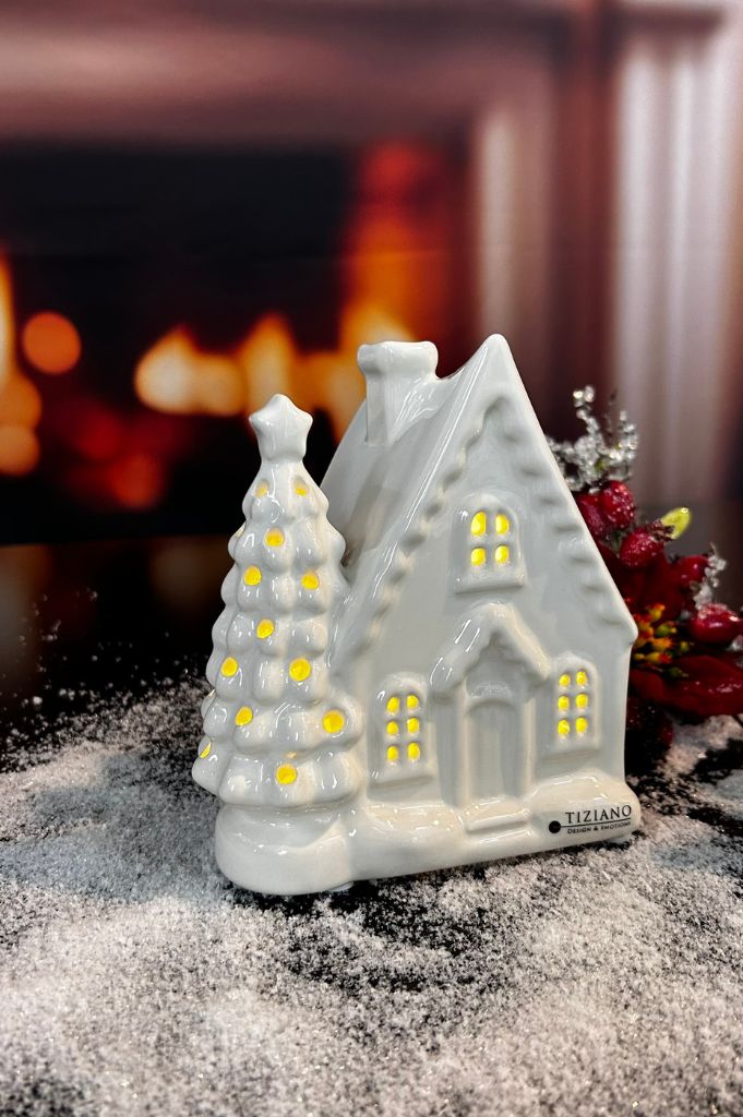 Deko Haus Bando LED mit Baum creme-weiß