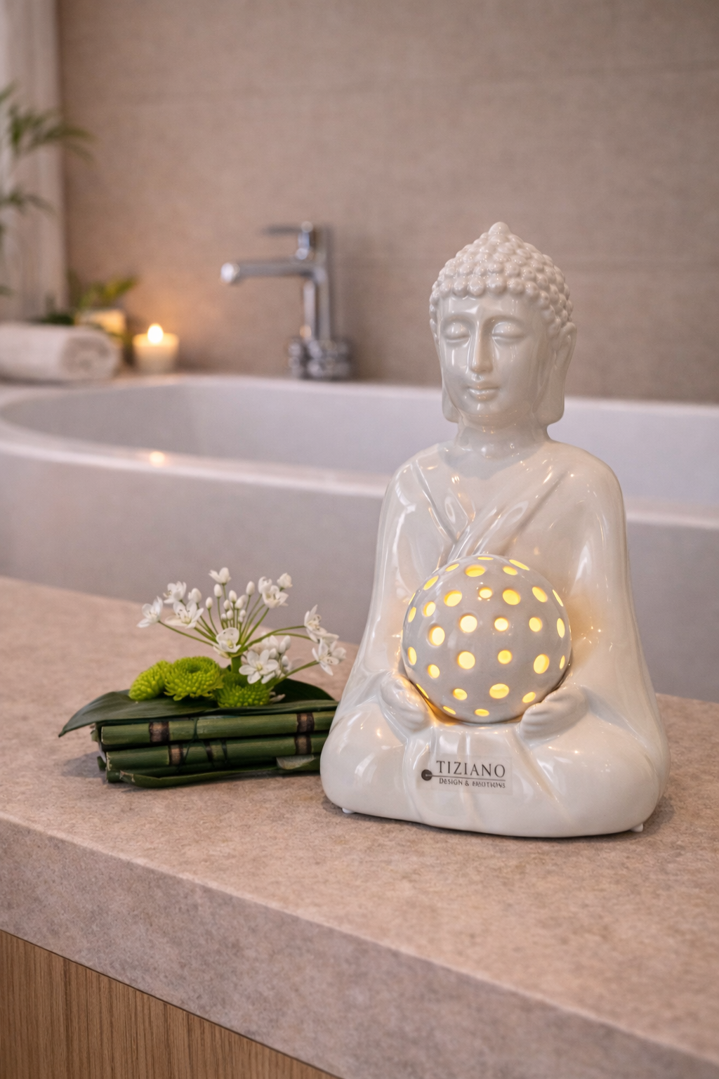 Dekofigur Shiva 34 creme-weiß mit Kugel Padova LED 8 creme