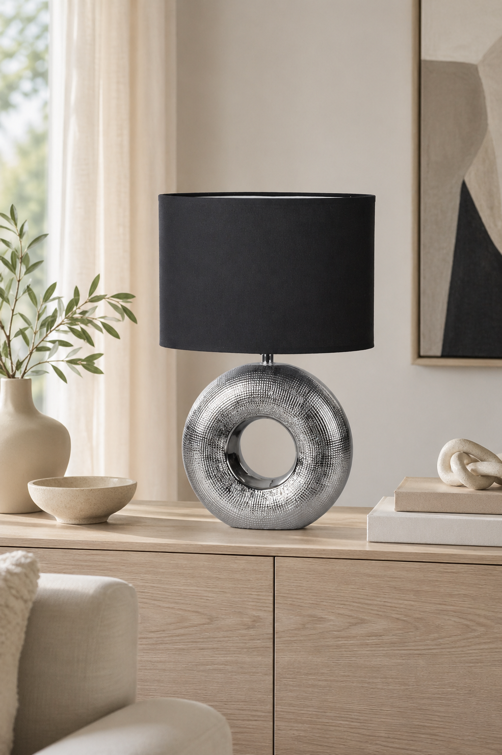 Deko Lampe 43cm rund silber-schwarz