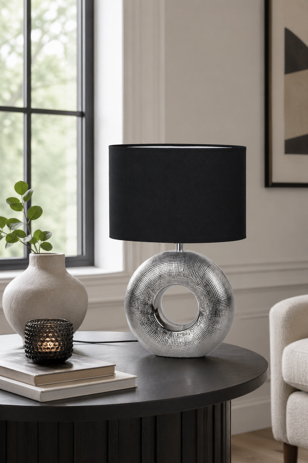 Deko Lampe 43cm rund silber-schwarz