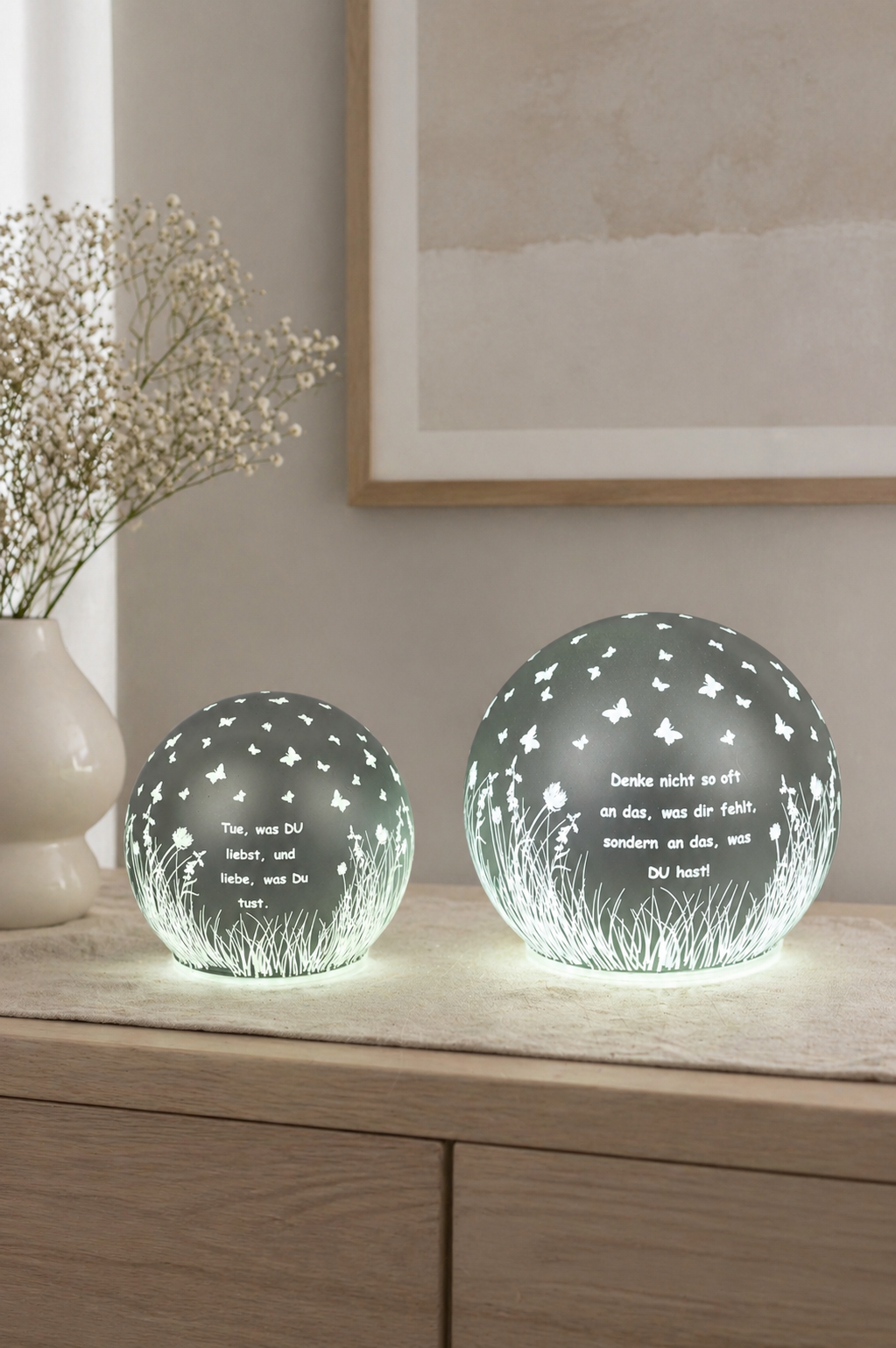 Deko Lichtkugel Cassano LED 12cm mit Sprüchen türkis