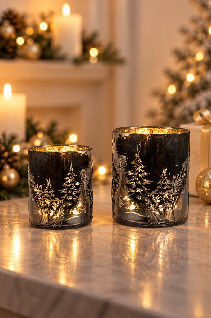 Deko Glas Windlicht mit Hirschdekor