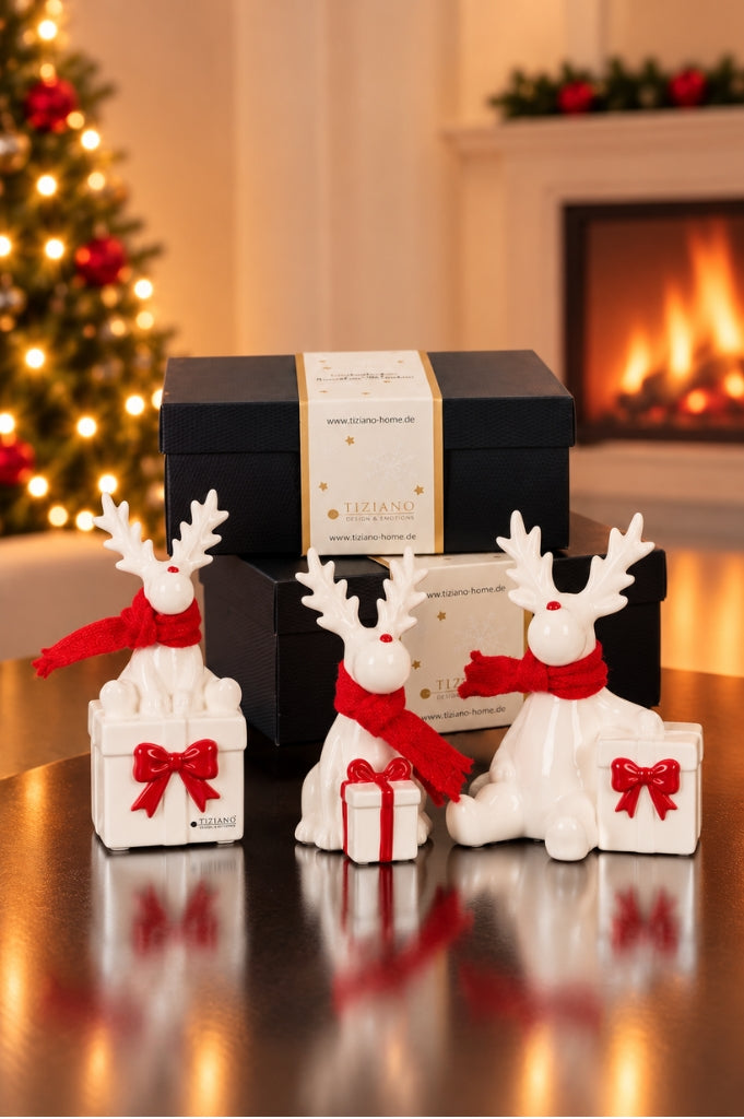Deko Rentier Rudolph mit Geschenk rot im Geschenkkarton