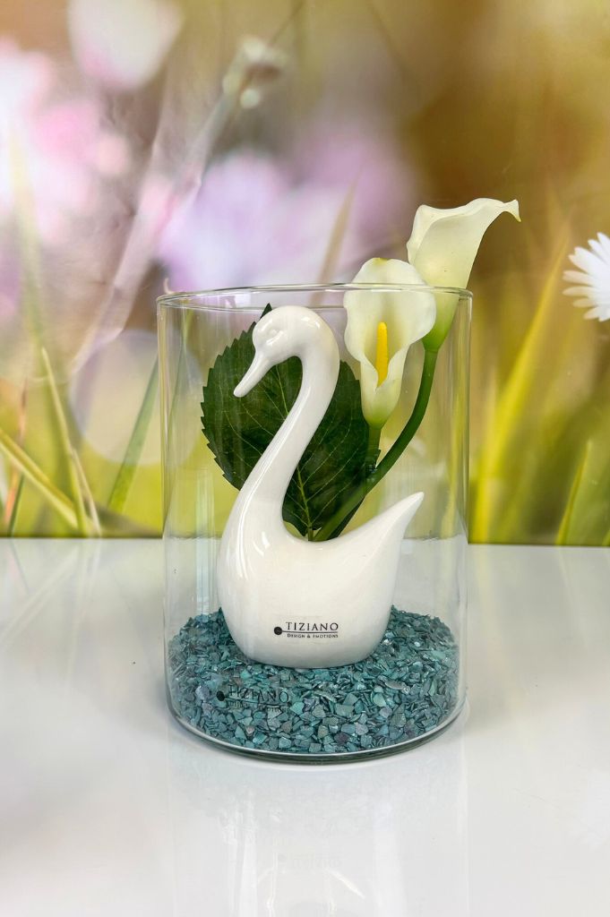 Dekoset Glasvase Nostra klar+Schwan Scarlett creme-weiß