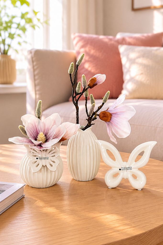 Dekoset Vasen weiß+Magnolie+Schmetterling Lia creme-weiß