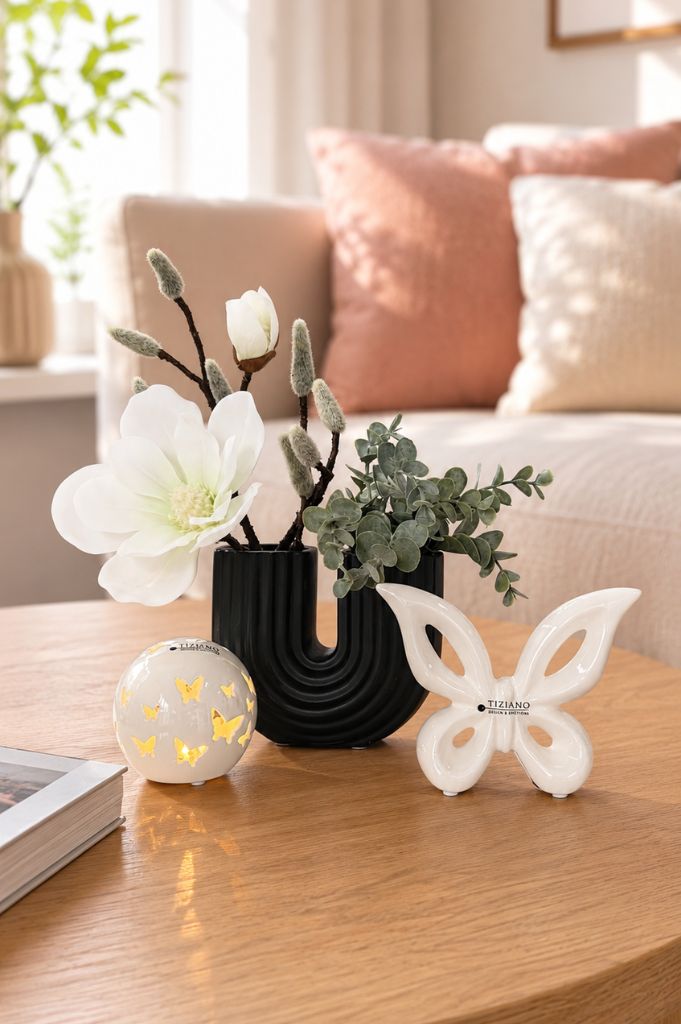 Dekoset U-Vase schwarz+Magnolie weiß+Schmetterling Lia