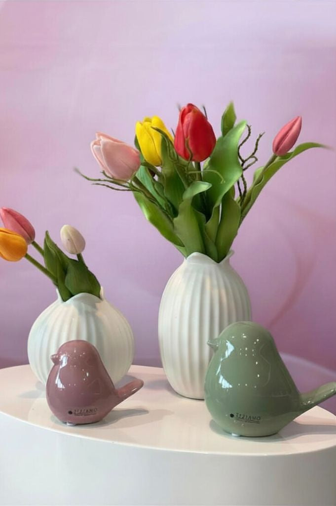 Dekoset Vogel Pallino mit weißen Vasen