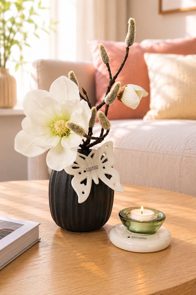 Dekoset Vase 15cm schwarz mit Magnolie weiß+Trixie