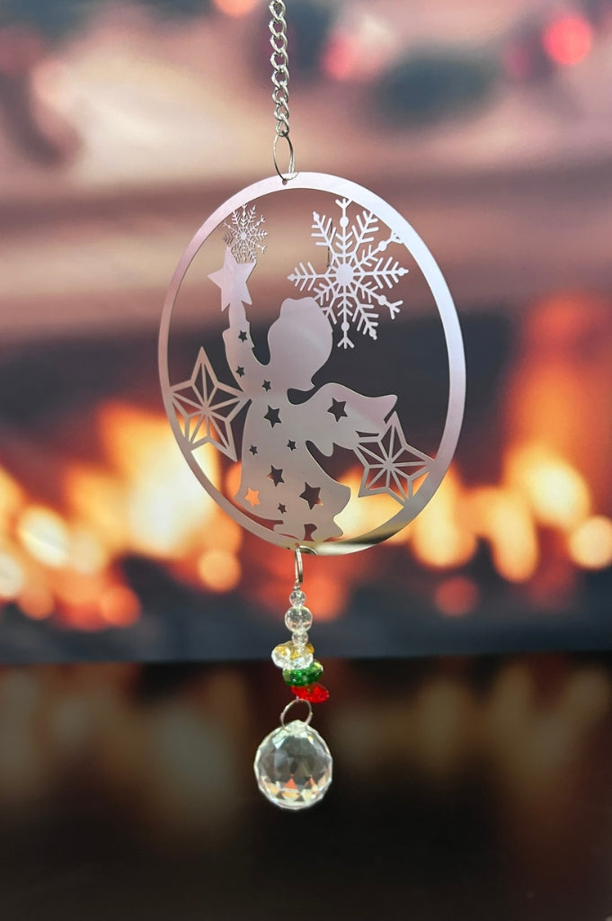 Deko Hänger Kreis 23cm mit Engel Edelstahl silber