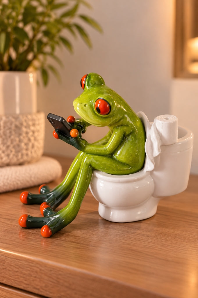 Deko Frosch Fridolin auf Toilette mit Handy hellgrün