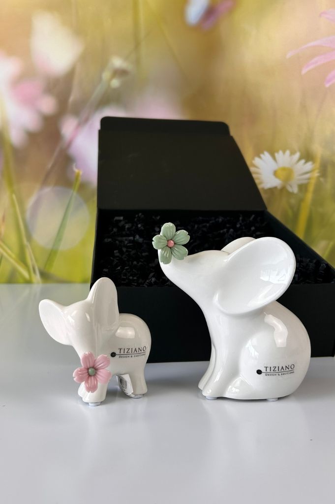 Geschenkbox Leon sitzend mit grüner Blume und stehend rosa