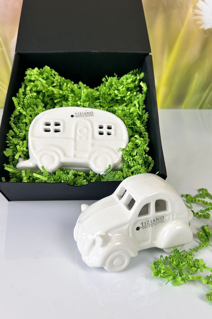 Geschenkbox S Deko Auto Milo+Wohnwagen Casina creme-weiß