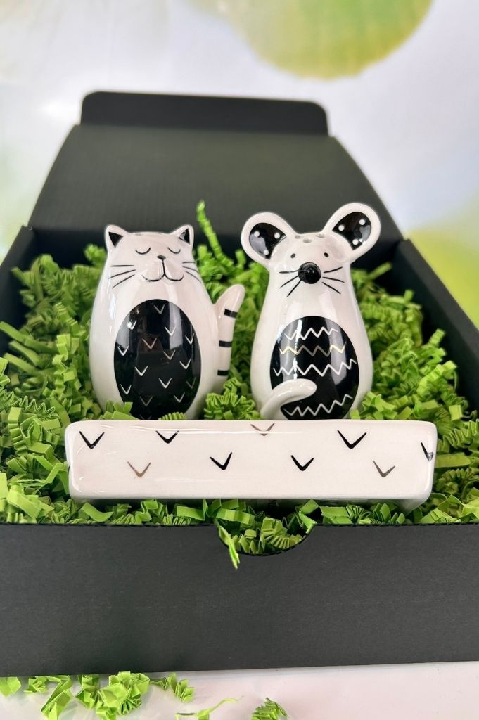 Geschenkbox Salz+Pfefferset Katze+Maus weiß-schwarz