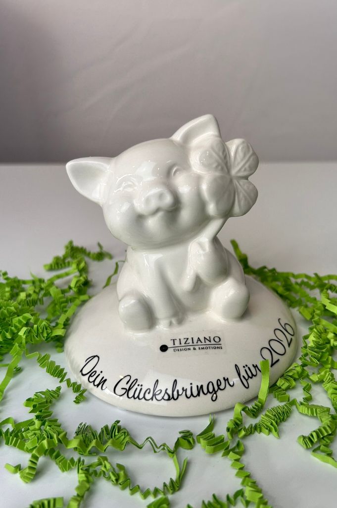 J1 Deko Glücksschwein Gigi auf Base creme-weiß