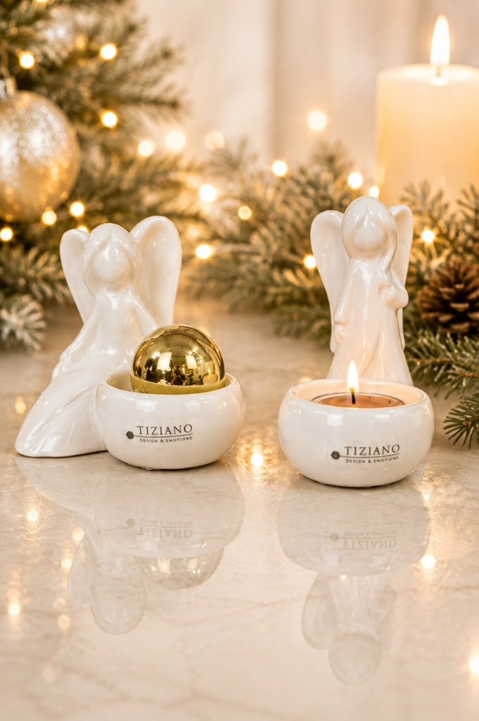 2er Set Deko Engel Grazia mit Teelichtschale creme-weiß