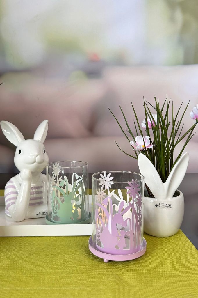 Windlicht grün Osterhase mit Glaseinsatz 11cm