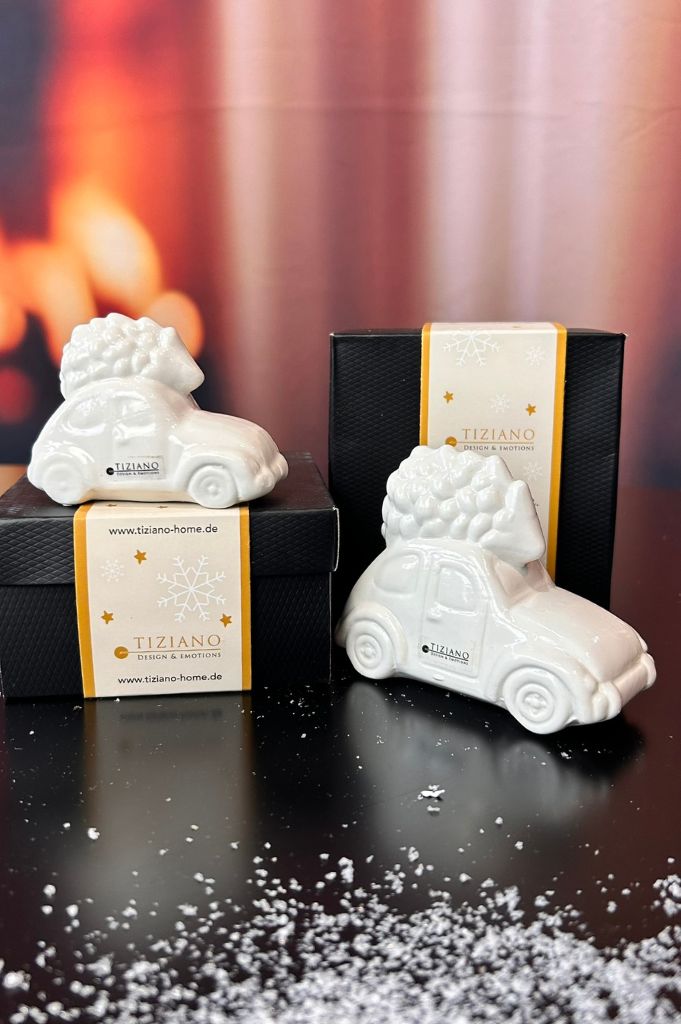 3er Set Auto Herbie mit Baum creme-weiß in Geschenkkartons