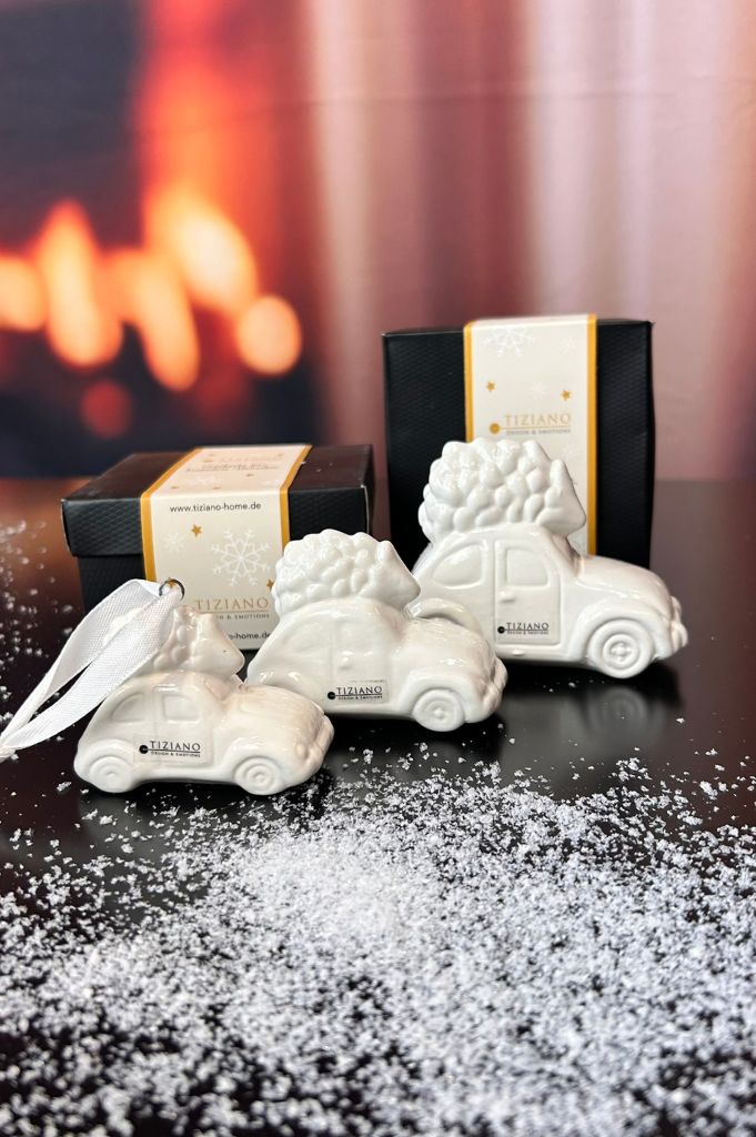 3er Set Auto Herbie mit Baum creme-weiß in Geschenkkartons