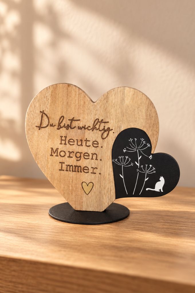 Deko Holzherz auf Metallbase mit Schrift Du bist wichtig..