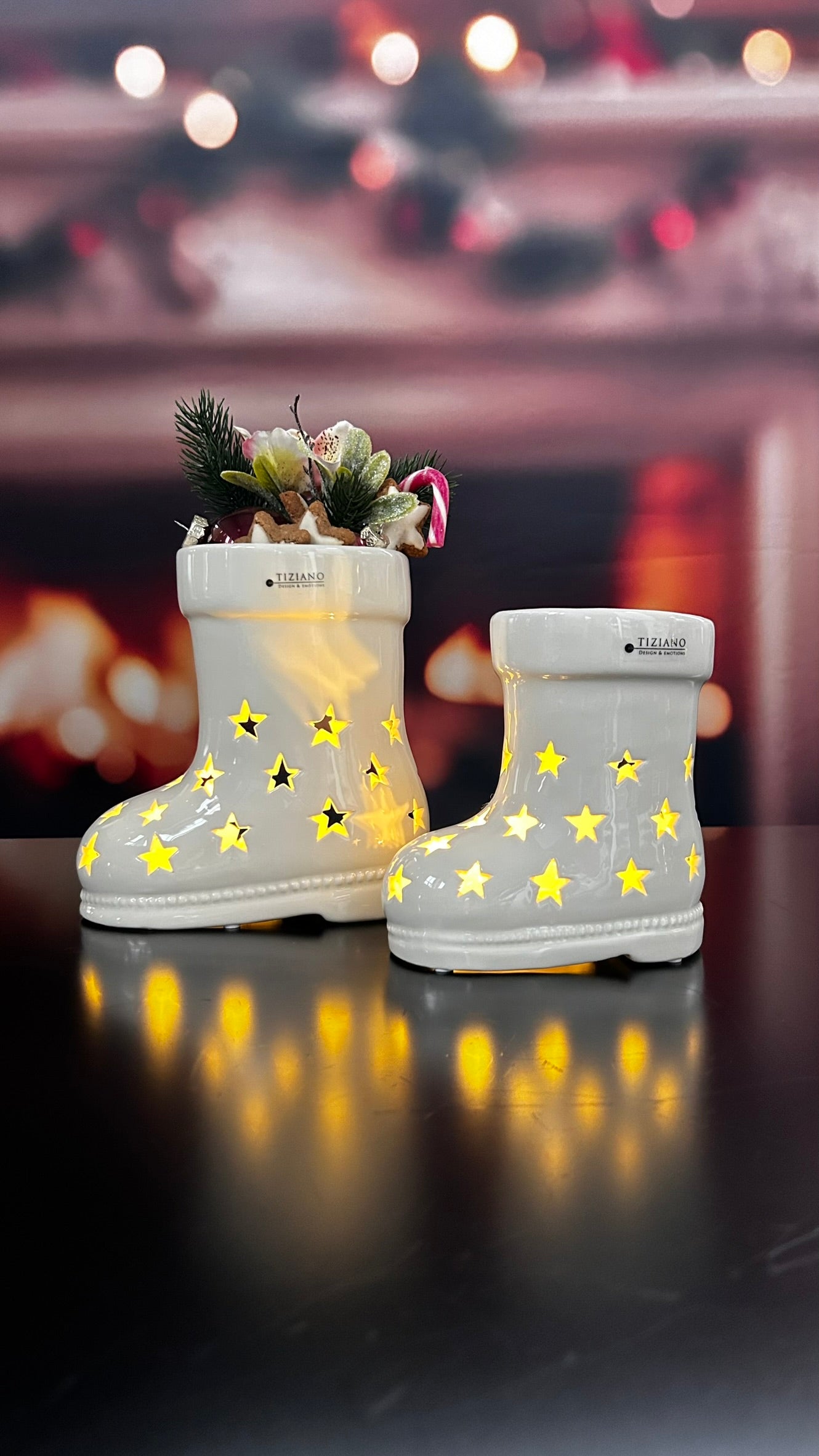 Deko Stiefel Santa LED creme-weiß