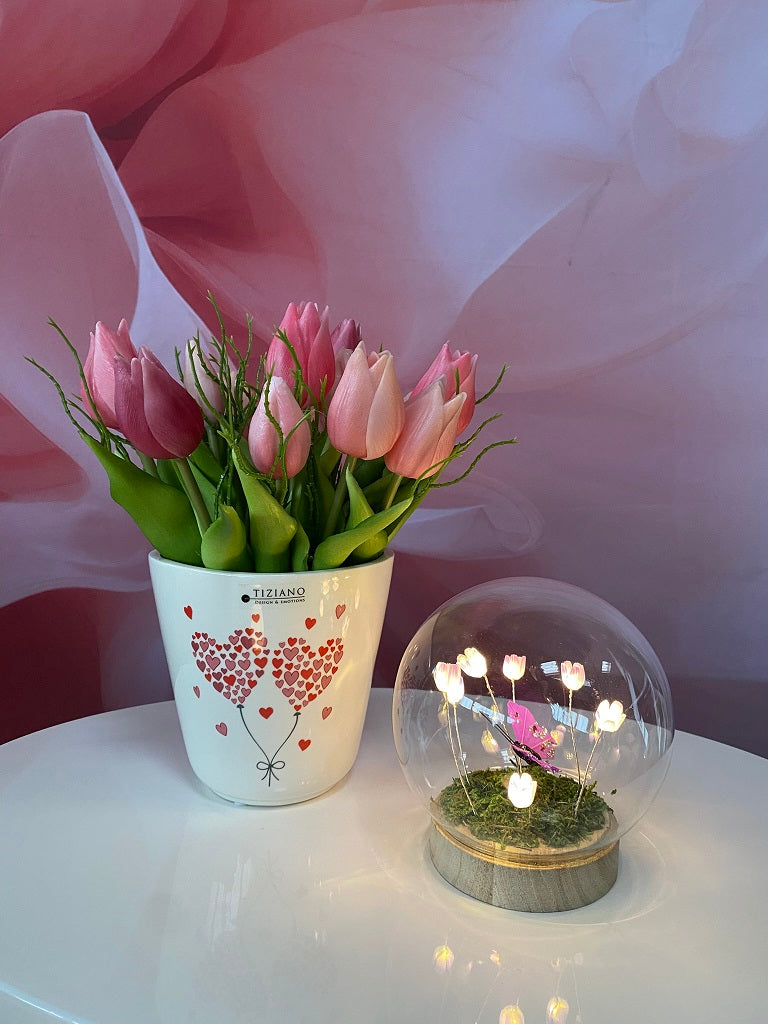 Dekoset Kübel Navelli mit zwei Herzen und Tulpendeko