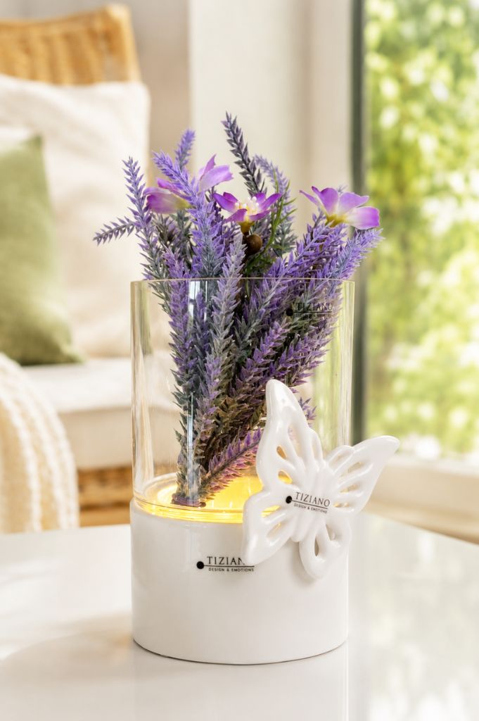 Windlicht Laterna LED mit Lavendel + Schmetterling Marilin