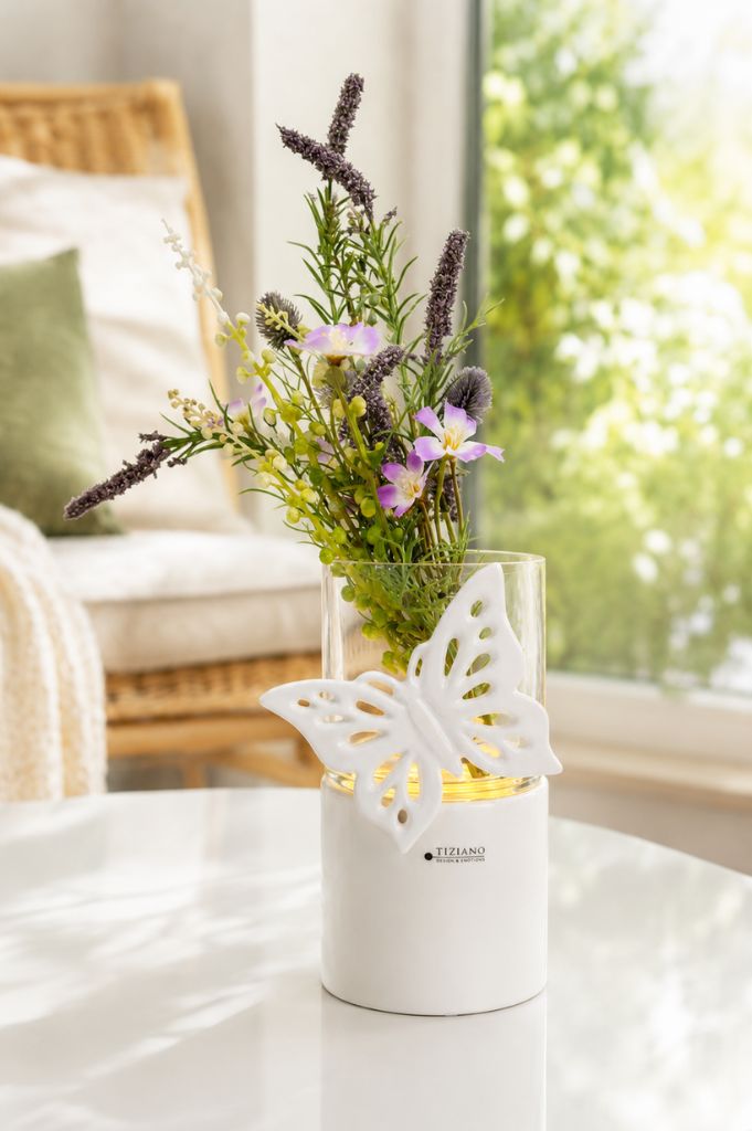 Windlicht Laterna LED mit Lavendel + Schmetterling Marilin