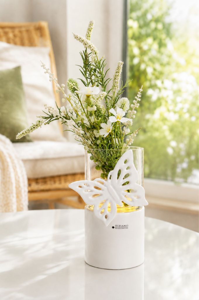 Windlicht Laterna LED mit Lavendel + Schmetterling Marilin