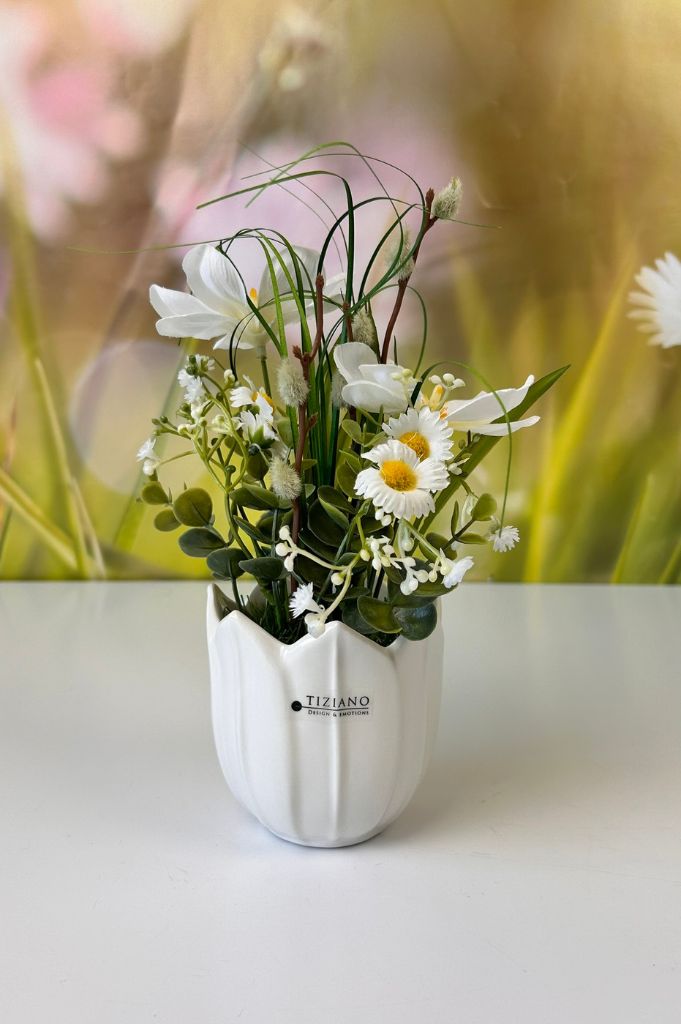 Deko Magnolie auf Grassockel in weiß & Rosa