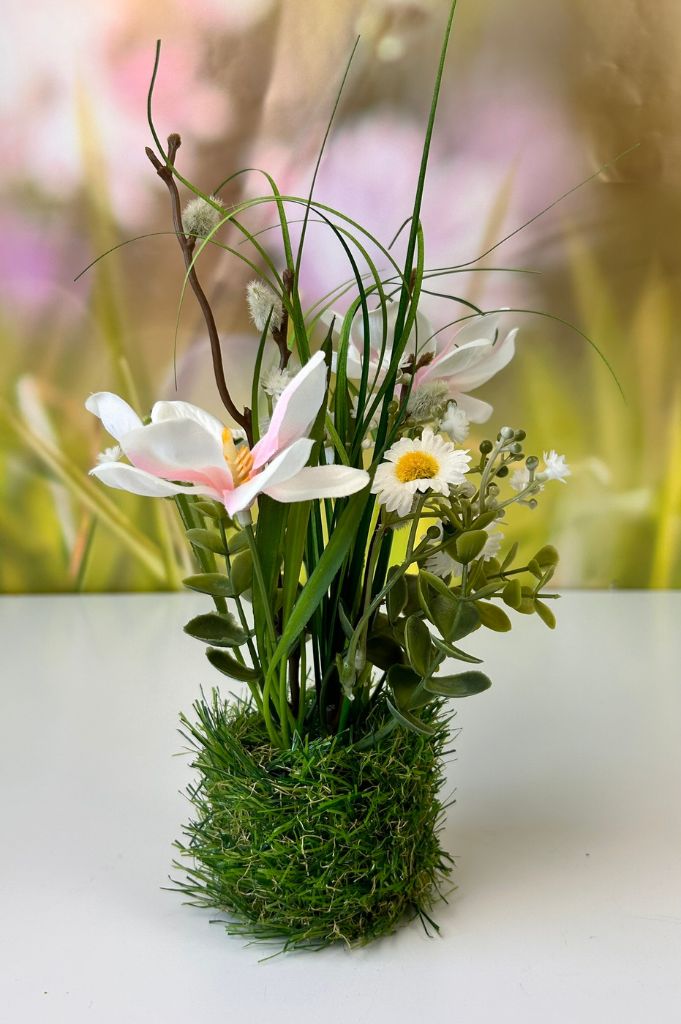 Deko Magnolie auf Grassockel in weiß & Rosa