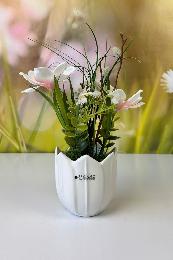 Deko Magnolie auf Grassockel in weiß & Rosa