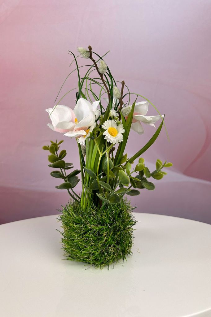 Deko Magnolie auf Grassockel in weiß & Rosa