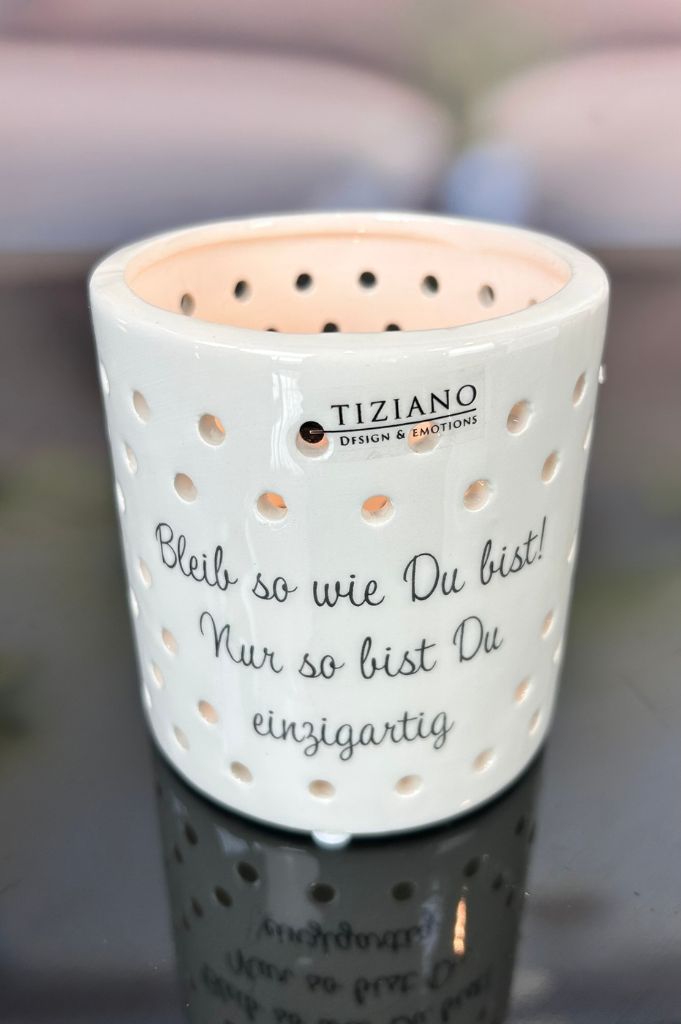 J2 Tischlicht Mazano 10cm mit Schrift creme-weiß