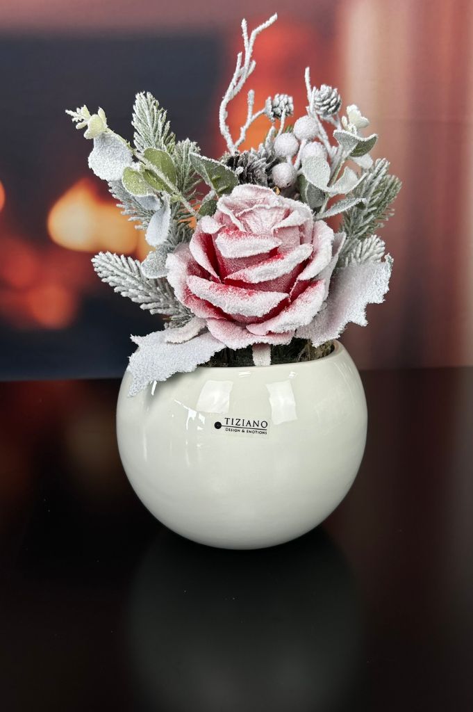 Deko Rose mit Tannenzweig im Jutesack 30cm rosa