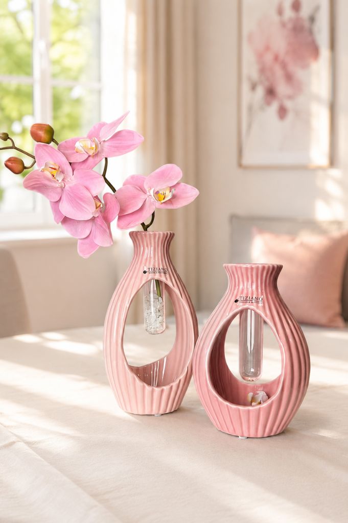 Vase Prisma mit Glasröhrchen in 2 Rosatönen