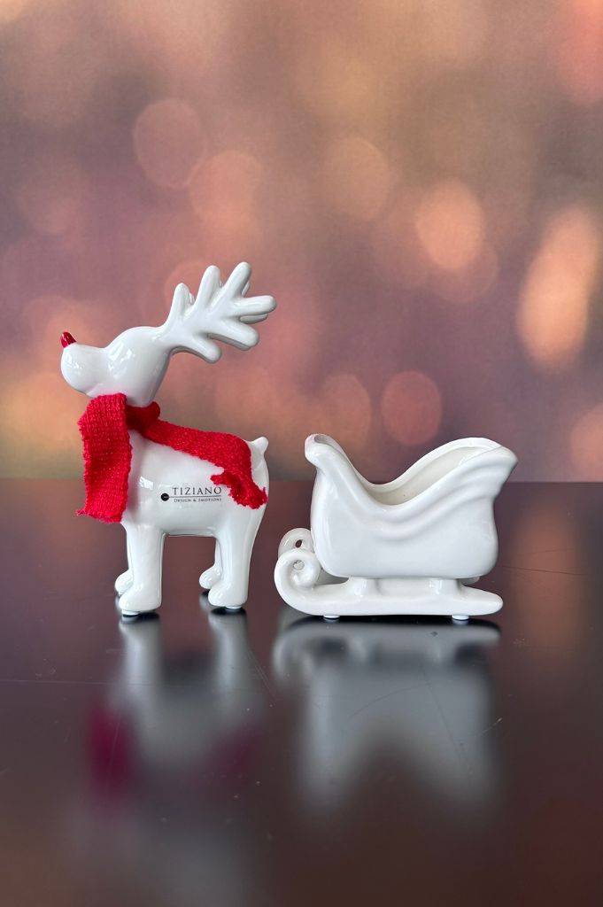 Deko Rentier Rudolph mit Schlitten+Band 26cm creme-weiß