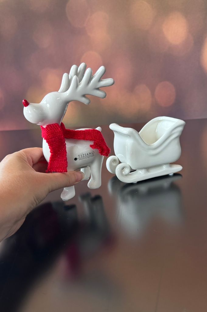 Deko Rentier Rudolph mit Schlitten+Band 26cm creme-weiß