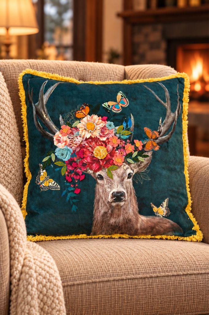 Deko Samtkissen bestickt mit Hrischmotiv 45x45cm