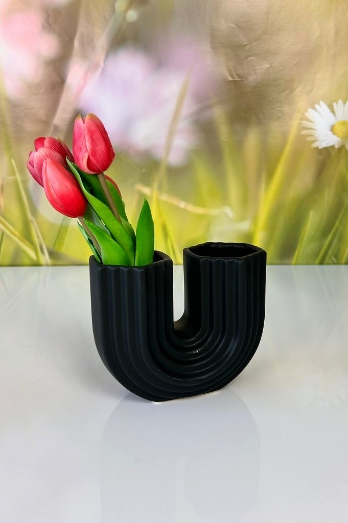 U-Vase Stripes 15cm schwarz & creme-weiß
