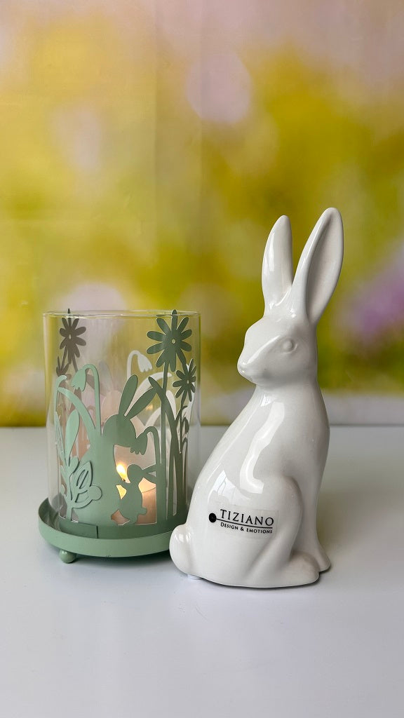 Windlicht grün Osterhase mit Glaseinsatz 11cm